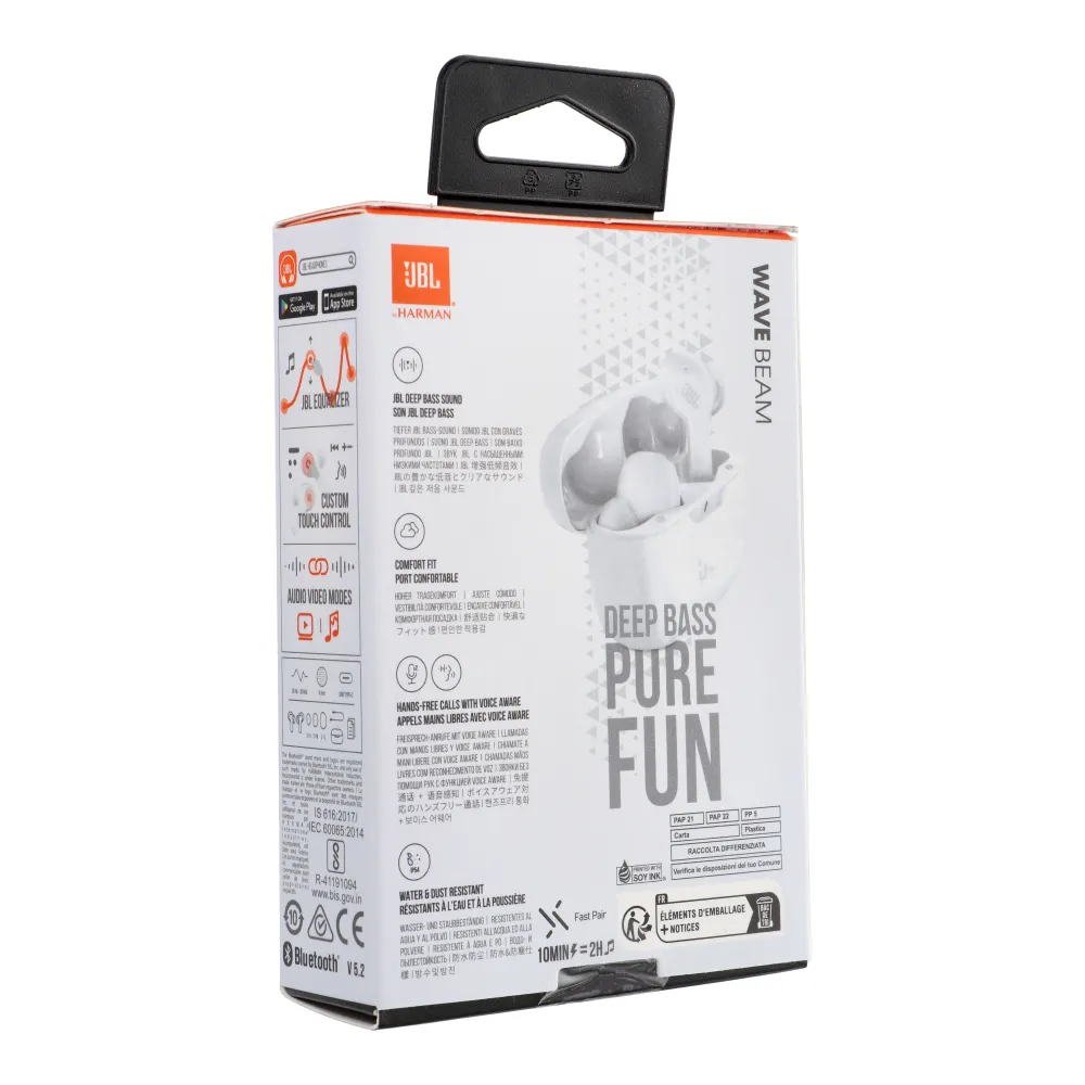 Wireless earphones JBL IP54 IPX2 Wave Beam white