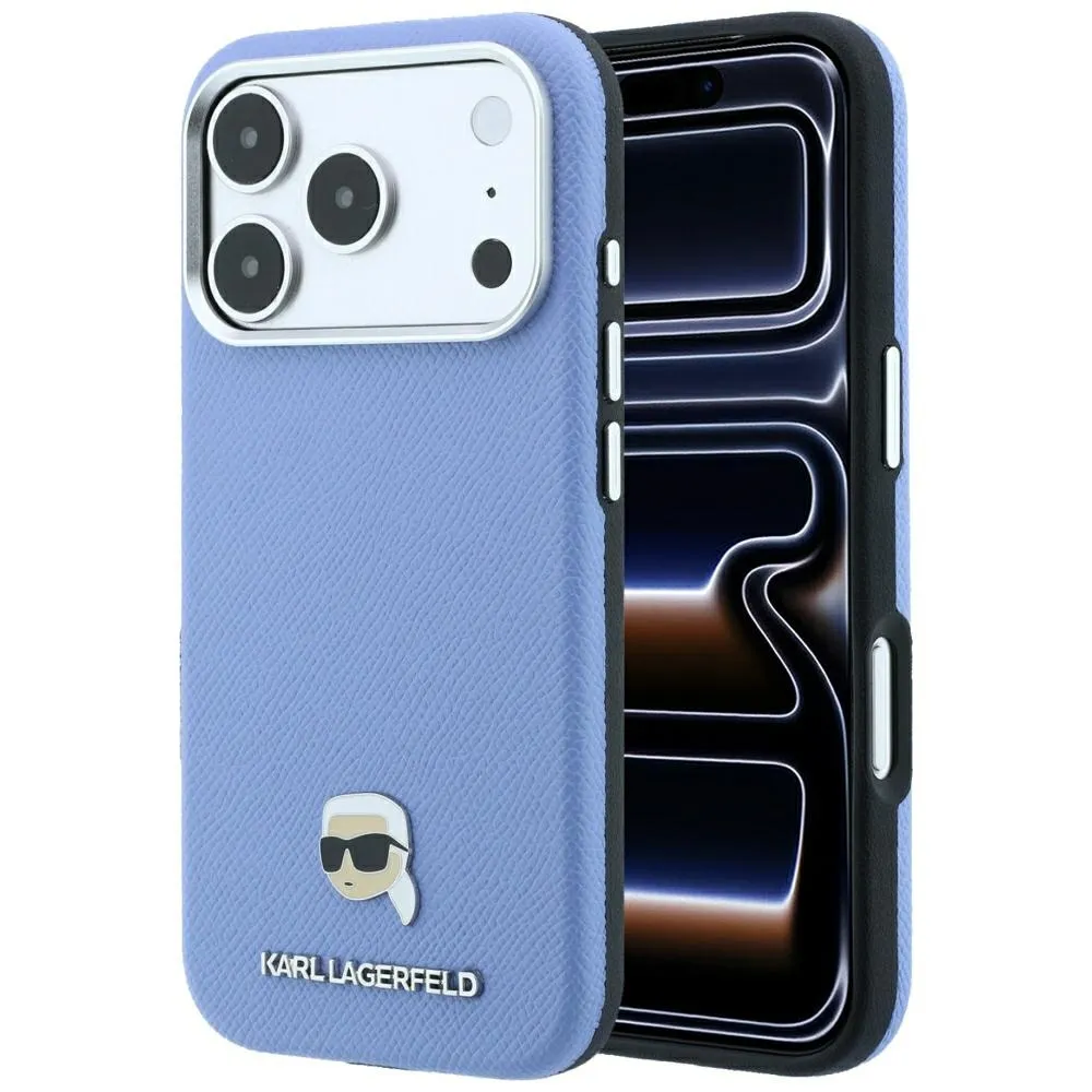 KARL LAGERFELD case for IPHONE 18 Pro/ 17 Pro compatible with MagSafe (Grained Karl Head Metal) light blue