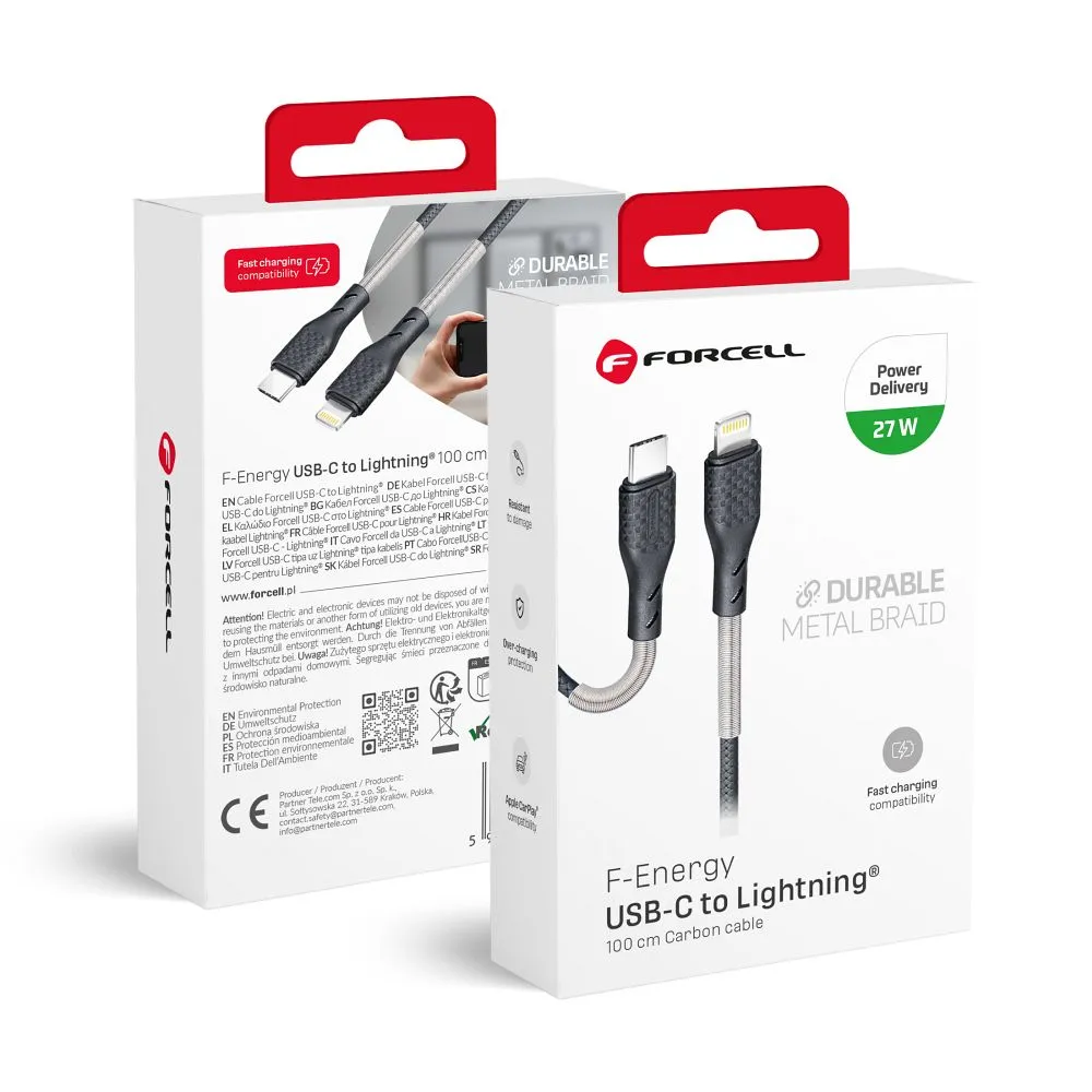 Cable USB C to Lightning Forcell F-Energy PD 3A 27W Carbon 1 m CB-01C black