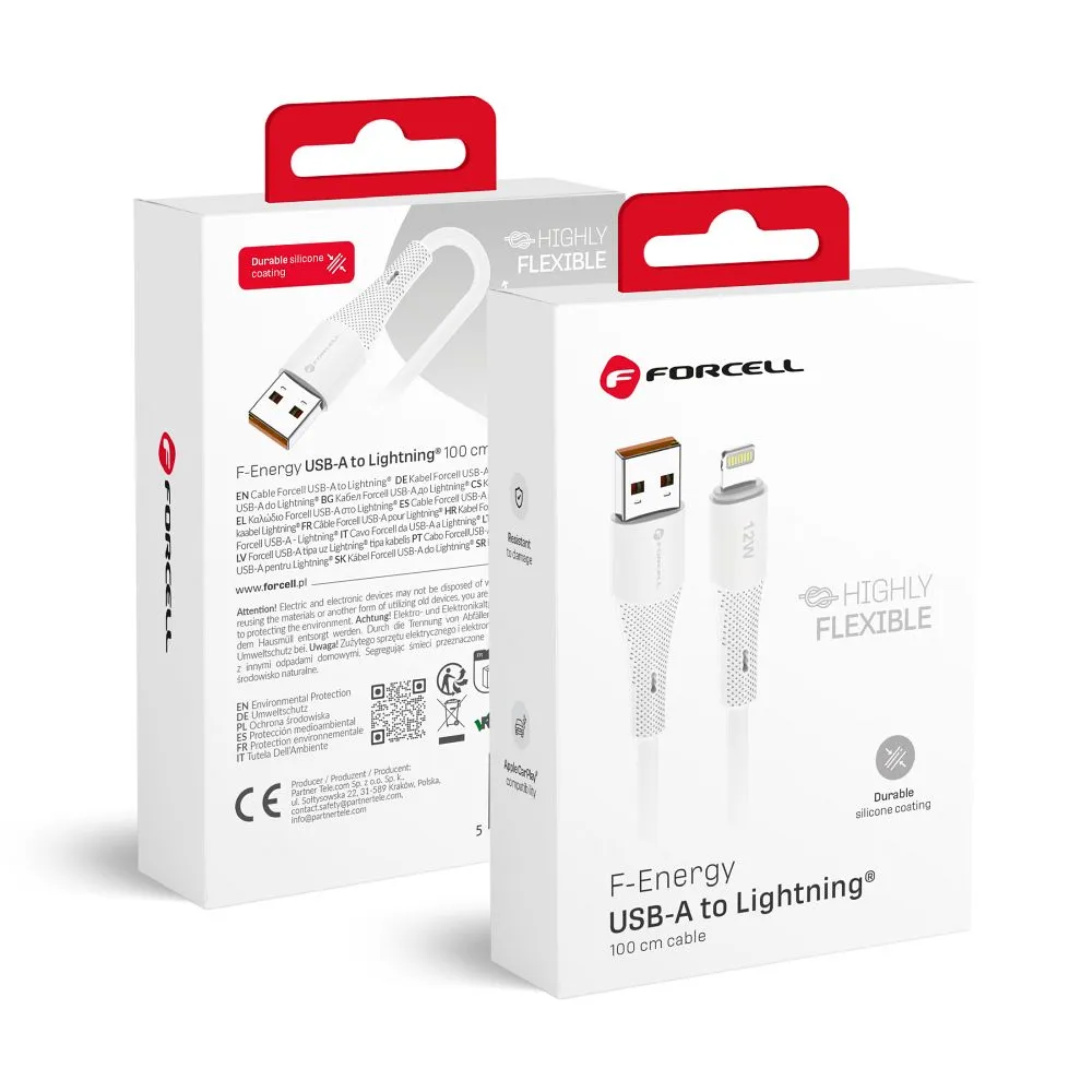 Cable USB A to Lightning Forcell F-Energy 2,4A 12W Silicone 1 m C343 white