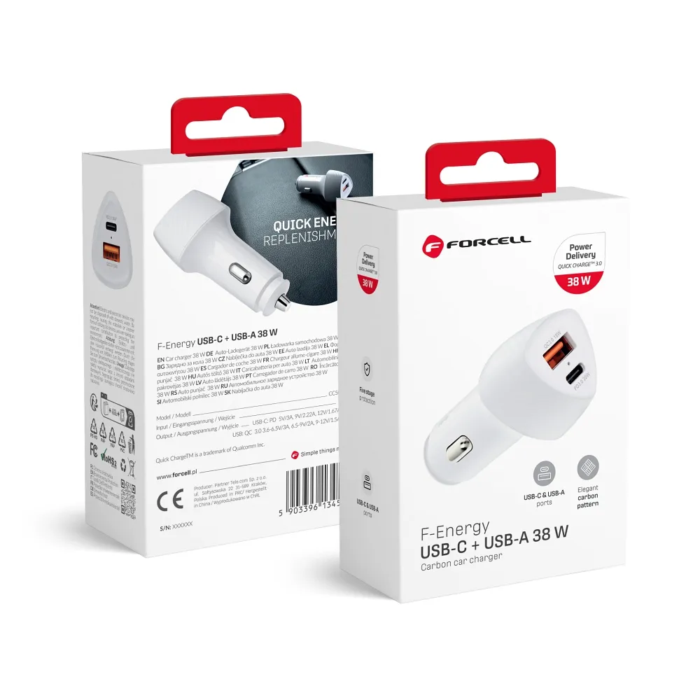 Car charger Forcell F-Energy Carbon USB C + USB A QC3.0 PD 3A 38W CC50-1A1C white