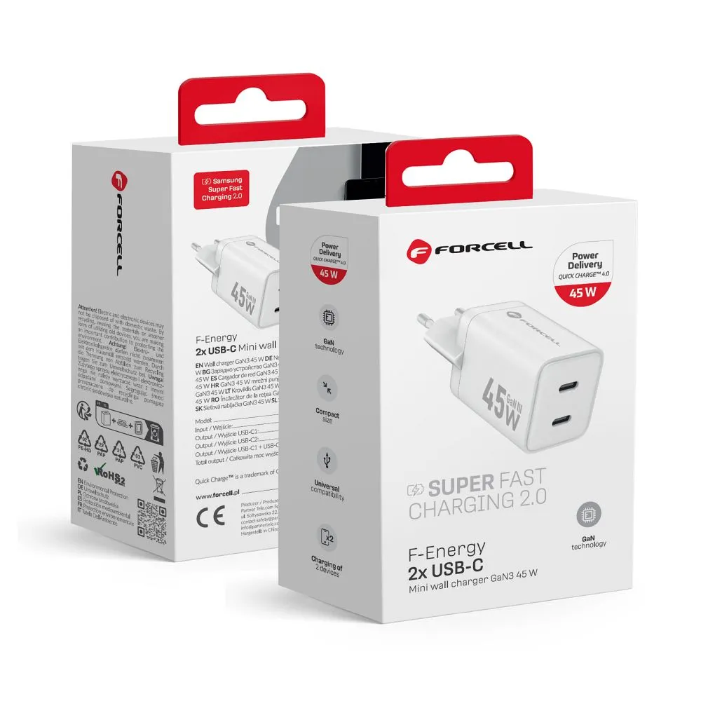 Phone charger Forcell F-Energy Mini GaN III 2 x USB C PD QC4.0 45W VT-36B white