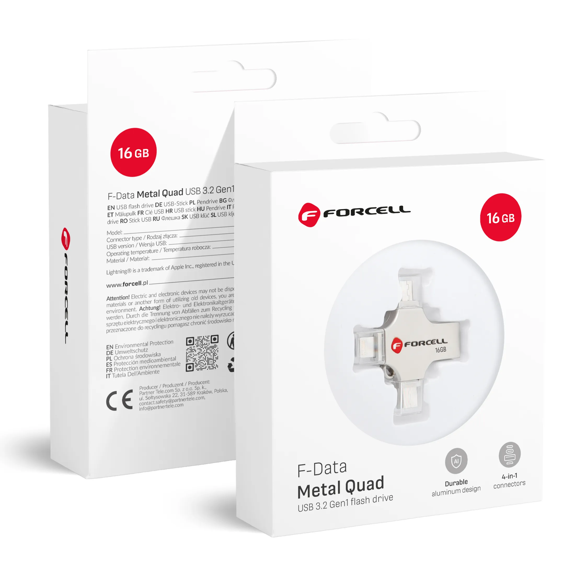Pendrive 16GB USB 3.2 Gen 1 (USB A / USB C / Lightning / Micro USB) Forcell F-Data Metal Quad silver
