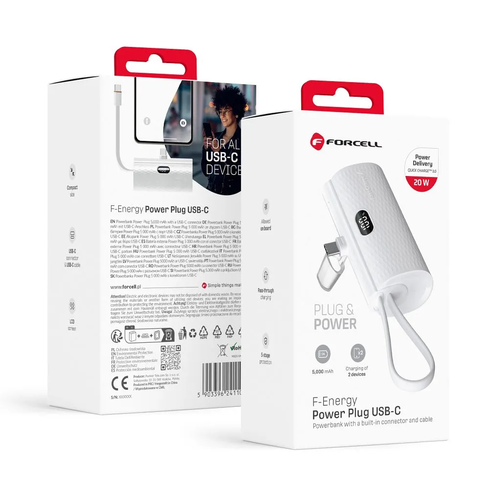 Powerbank Forcell F-Energy Power Plug F5K3 PD 20W 5000 mAh with built-in connector USB C white