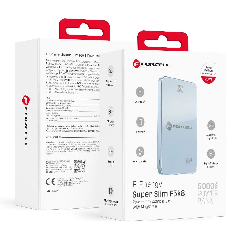 Powerbank compatible with MagSafe Forcell F-Energy SuperSlim F5K8 QC4.0 PD3.0 15W 5000 mAh light blue