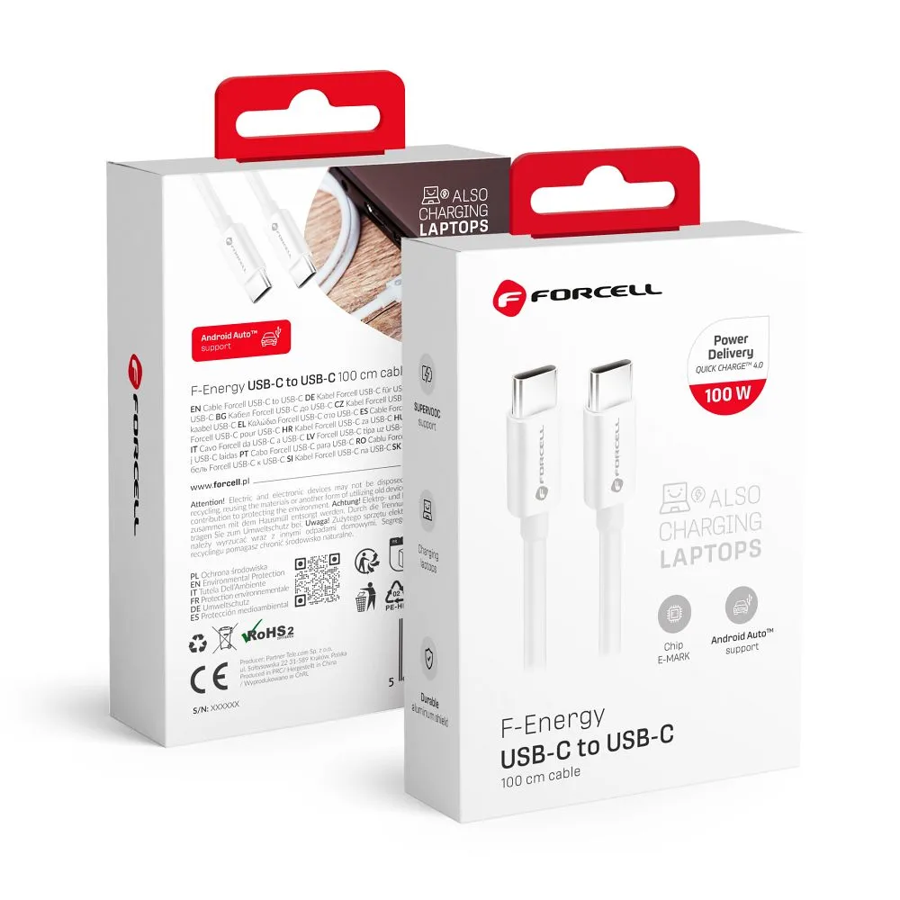 Cable USB C to USB C Forcell F-Energy QC4.0 PD 5A 100W 1 m C339 white