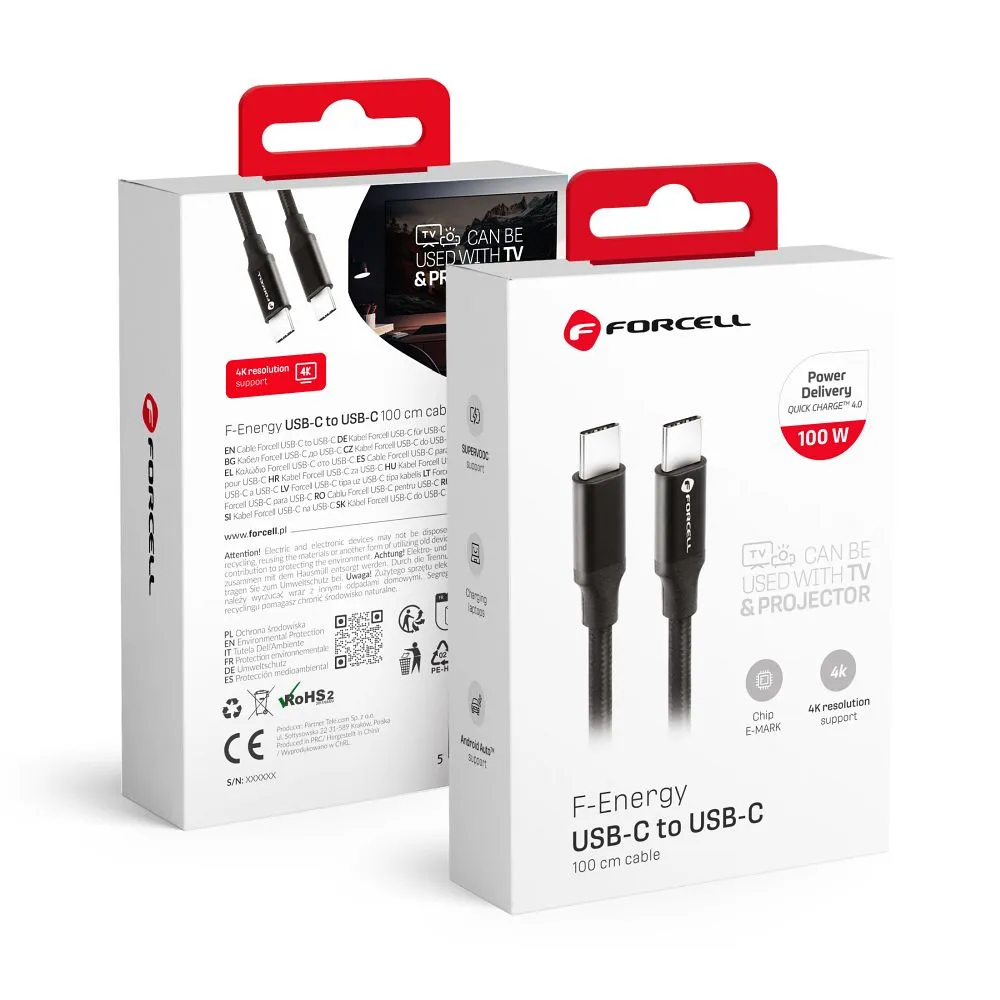 Cable USB C to USB C Forcell F-Energy QC4.0 PD 3A 60W 1 m C338 black