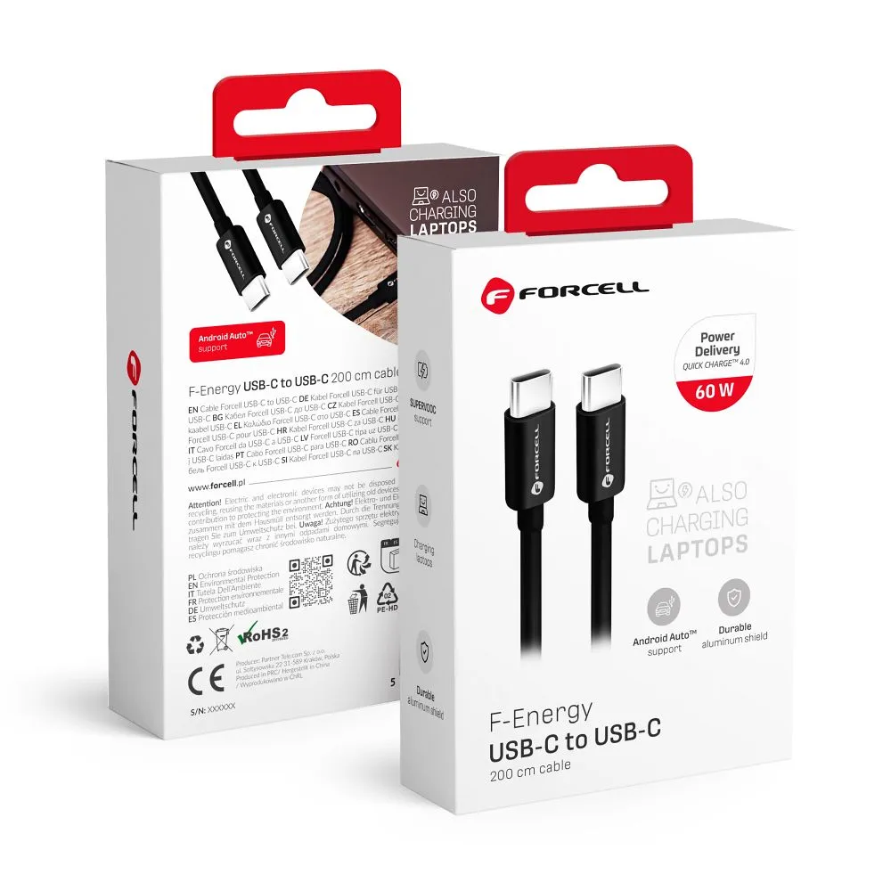 Cable USB C to USB C Forcell F-Energy QC4.0 PD 3A 60W 2 m C338 black