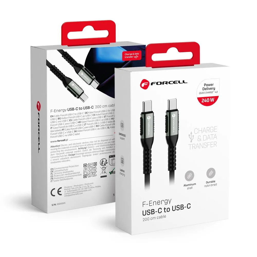 Cable USB C to USB C Forcell F-Energy QC4.0 PD 5A 240W Cafule 3 m C263 black