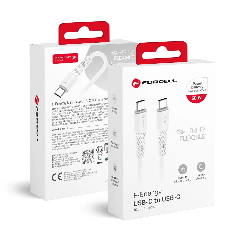 Cable USB C to USB C Forcell F-Energy QC4.0 PD 3A 60W Silicone 1 m C344 white
