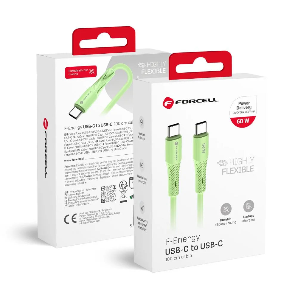 Cable USB C to USB C Forcell F-Energy QC4.0 PD 3A 60W Silicone 1 m C344 green