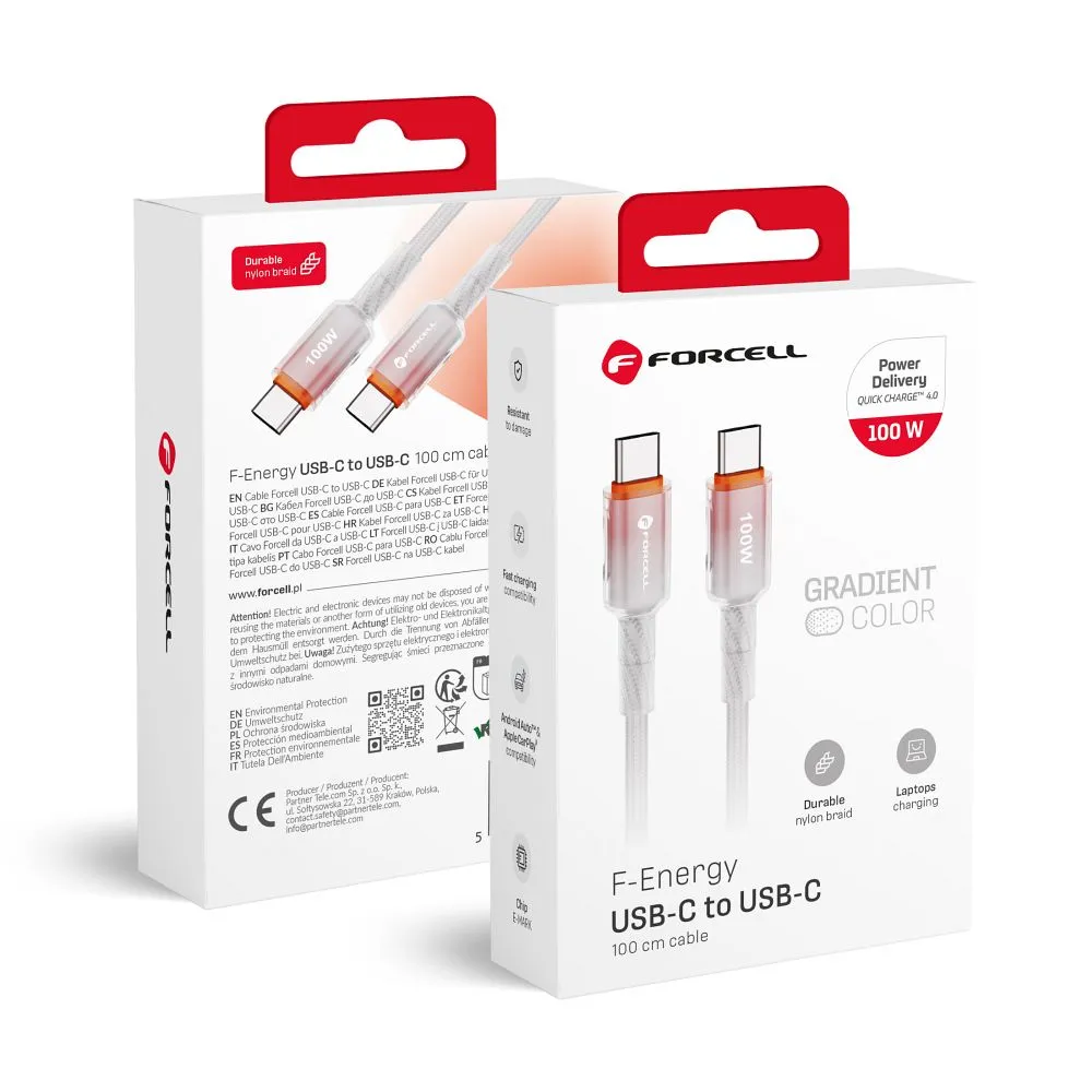 Cable USB C to USB C Forcell F-Energy QC4.0 PD 5A 100W Gradient 1 m C357 white