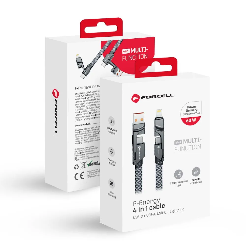 Cable 4in1 USB C / USB A to USB C / Lightning Forcell F-Energy QC PD 3A 60W 1 m C241 chrome