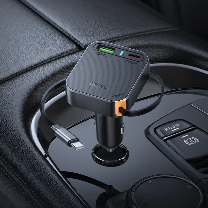 Car charger Hoco wit retractable cable 2 x USB C + USB A QC PD 65W NZ18 black