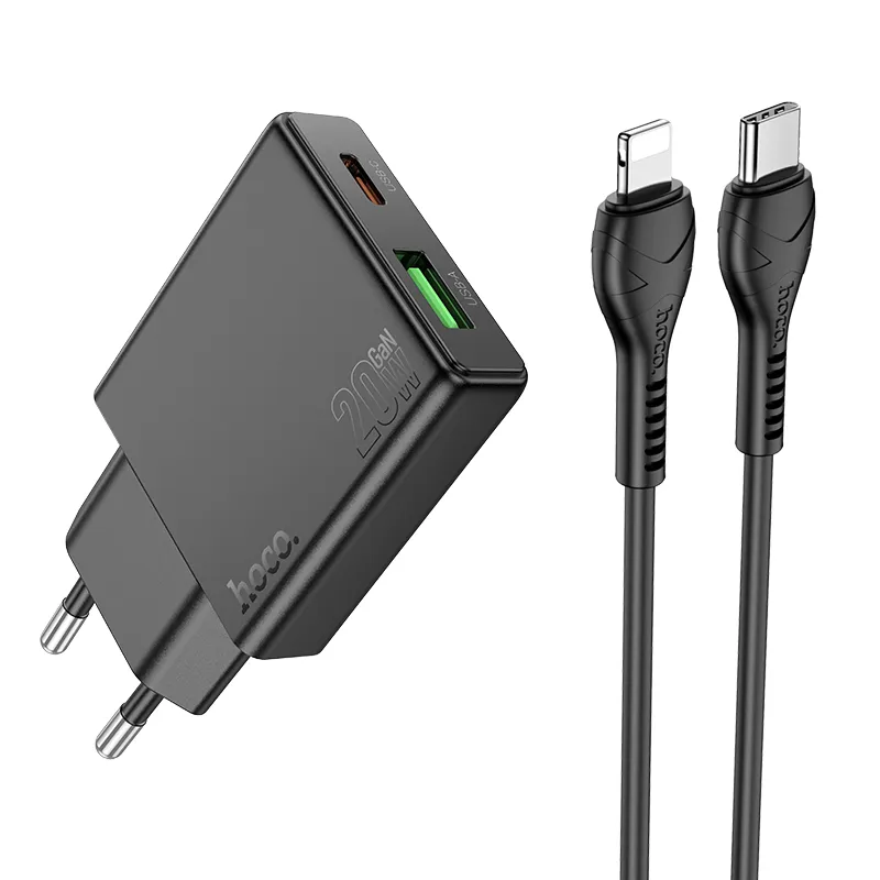 Phone charger Hoco Slim USB A + USB C QC3.0 PD 3A 20W + cable USB C to Lightning N38 black