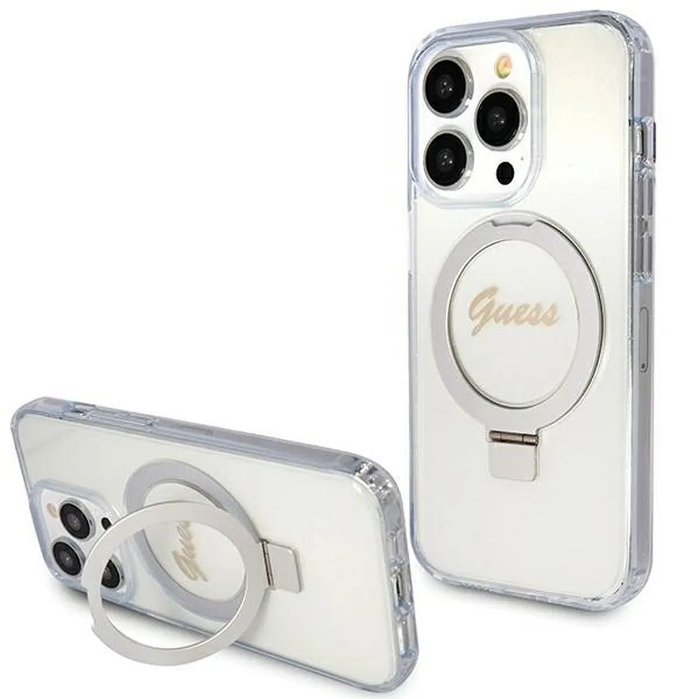 GUESS case for IPHONE 15 Pro compatible with MagSafe GUHMP15LHRSGSD (Glitter Script Logo Ring stand) transparent