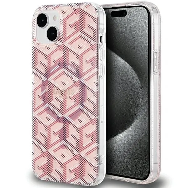 GUESS case for IPHONE 15 compatible with MagSafe GUHMP15SHGCUSTGP (IML GCUBE) pink