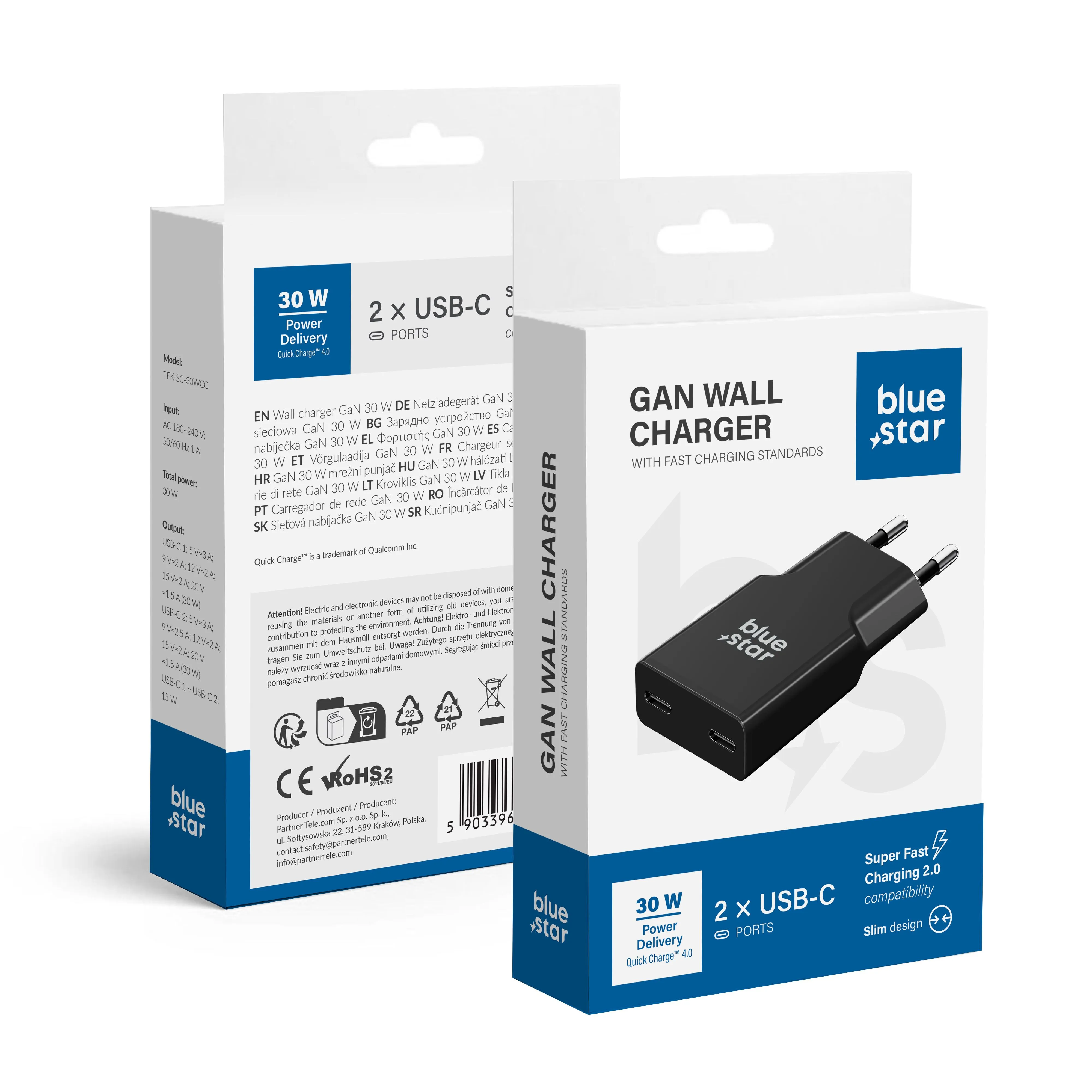 Phone charger Blue Star Slim GaN 2 x USB C QC4.0 PD 3A 30W TFK-SC-30WCC black
