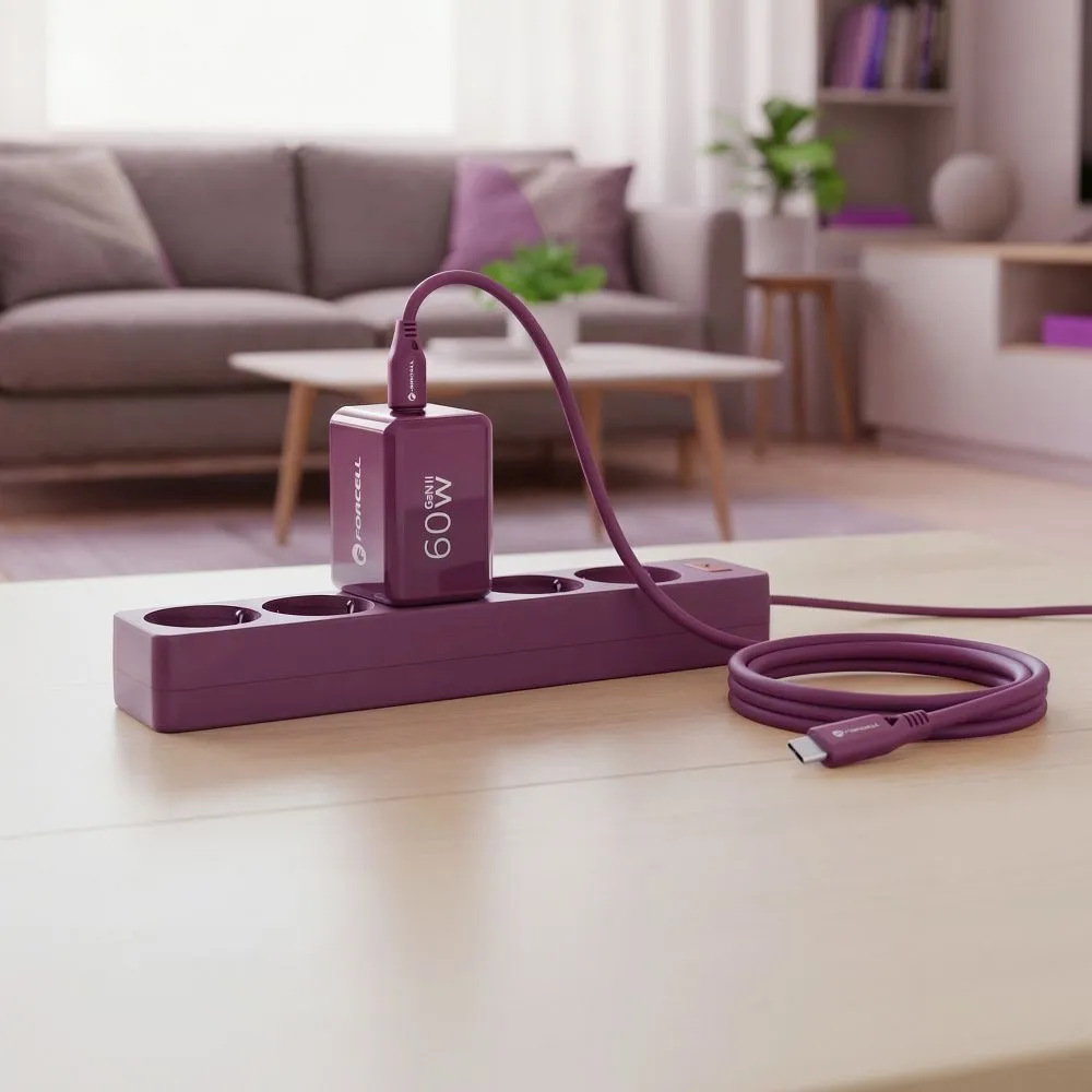 Phone charger Forcell F-Energy GaN III Crystal Color 2x USB C AVS SSFC3.0 60W + silicone cable USB C to USB C VT-60 burgund